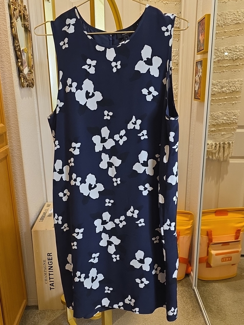 Theory Navy Mini Silk Dress with White Floral Print Brindina Size 10